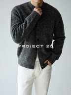 PROJECT 25 Men's Vintage Melange Wool Cropped Button-Down Cardigan – Relaxed Fit Heathered Knit Sweater