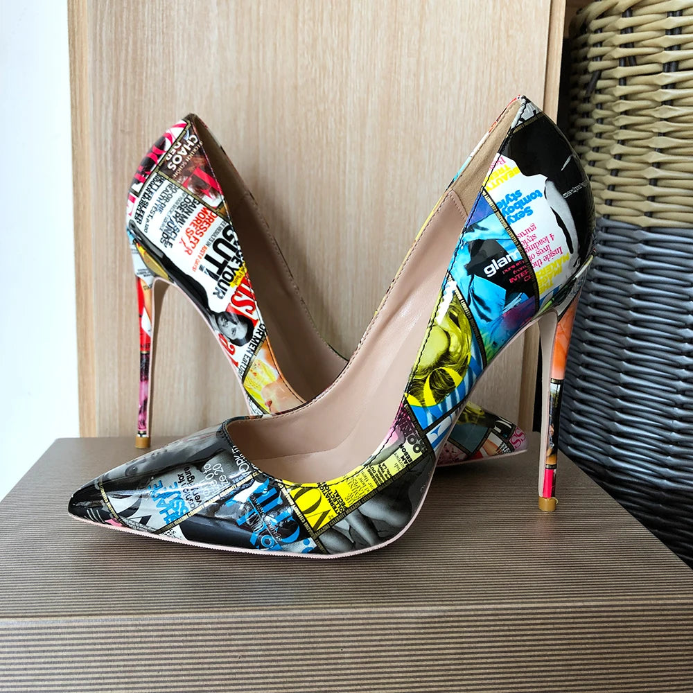 Veowalk Magazine Print Women Pointy Toe High Heel Shoes 80 100 120 Sexy Designer Stiletto Pumps for Party Big Size 43 44 45
