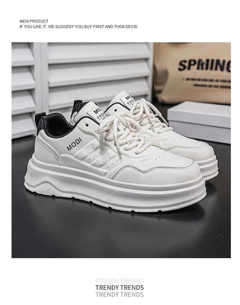 2026 Summer Men's White Platform Sneakers Leather Casual Shoes Thick Sole Streetwear Trendy Footwear