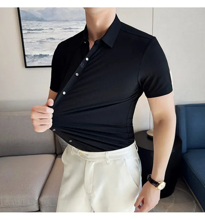 Men's White Business Casual Shirt, Fitted Striped Elastic Short-sleeved Shirt, Exquisite Embroidered Summer Formal Work Uniform.