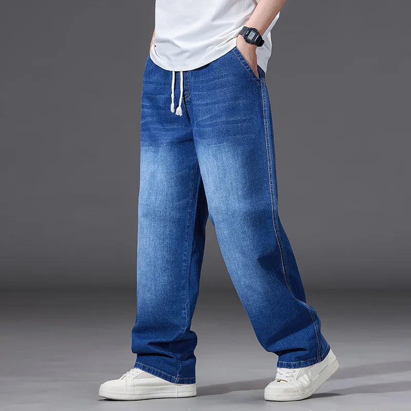 8XL Elastic Waist Men's Jeans, Loose Straight Leg Stretch Denim Pants, Plus Size Casual Streetwear, Big Size Relaxed Fit Trouser