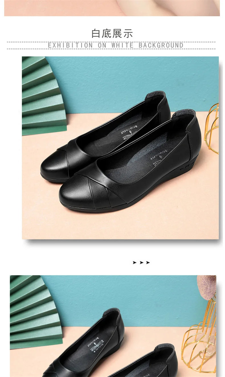 Women Fashion Light Weight Wedge Heel Comfort Spring Autumn Shoes Casual Sweet  Black Leather Soft Bottom Flat Shoes