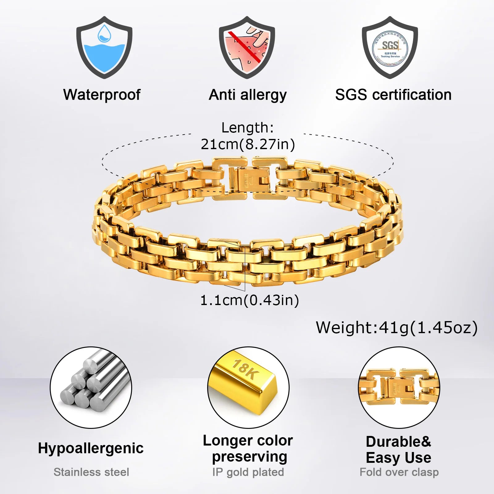 Gold Color Men's Chain Bracelet,Hiphop Stainless Steel Chunky Chain Wristband,Rock Punk Jewelry Gift for Dad Son BBF Him