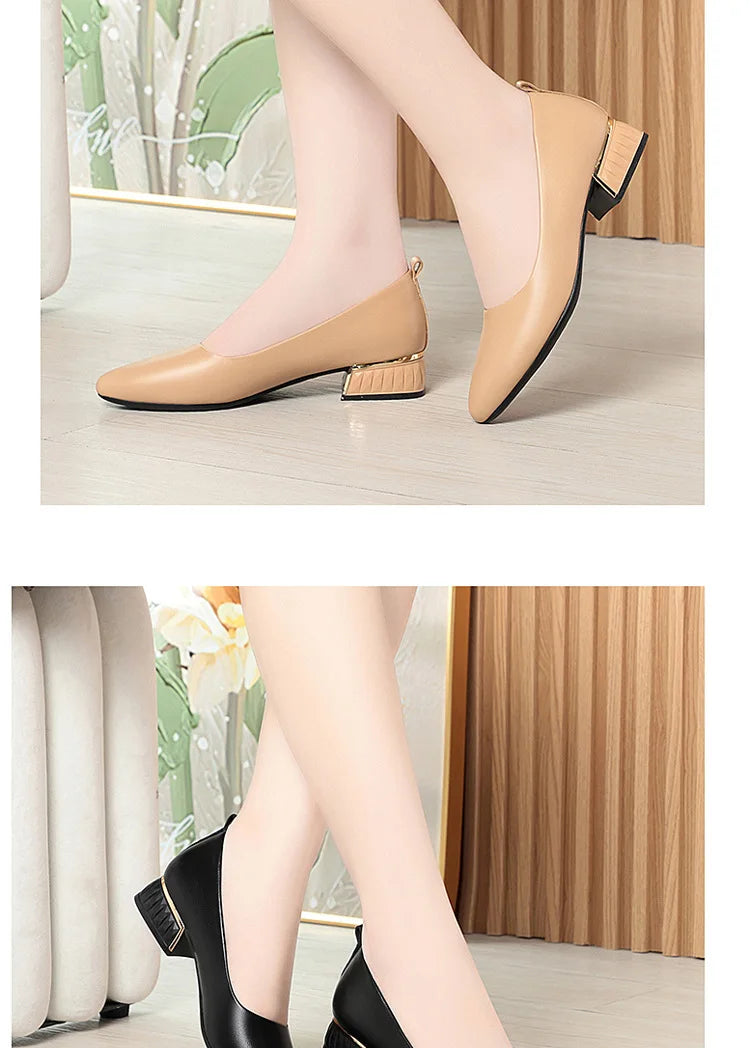 2026 Summer Women's Soft Leather Chunky Heel Pumps  Pointed Toe Low Heel Office Shoes White Work Dress Shoes Size 35-41