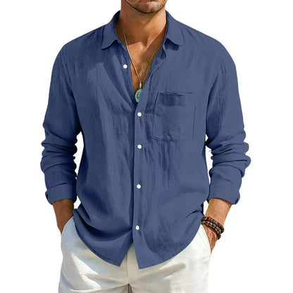 Men's Summer Long Sleeve Shirt Solid Color Loose Cotton Linen Shirt With Pockets Summer Breathable Fashion Casual Shirts for Men