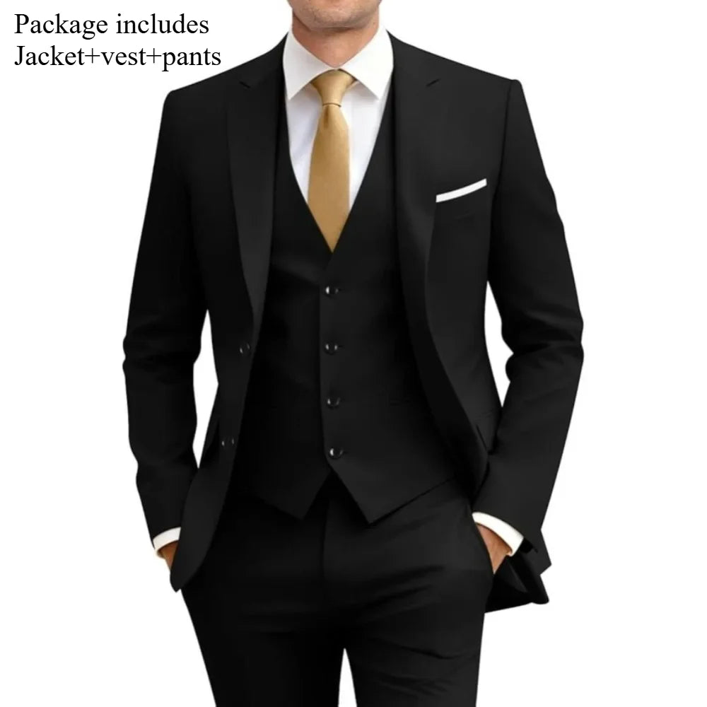 Men's 2 Piece Suit Set Solid Color Elegant Wedding Formal Business Dress Blazer Vest Pants Classic Tuxedo for Party Groomsmen