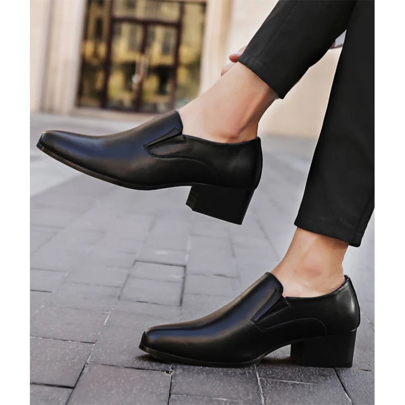100% Genuine Leather Men Height Increasing Dress Shoes 6cm Fashion Business Brogues Brand Male Footwear Pure Black Monks D756