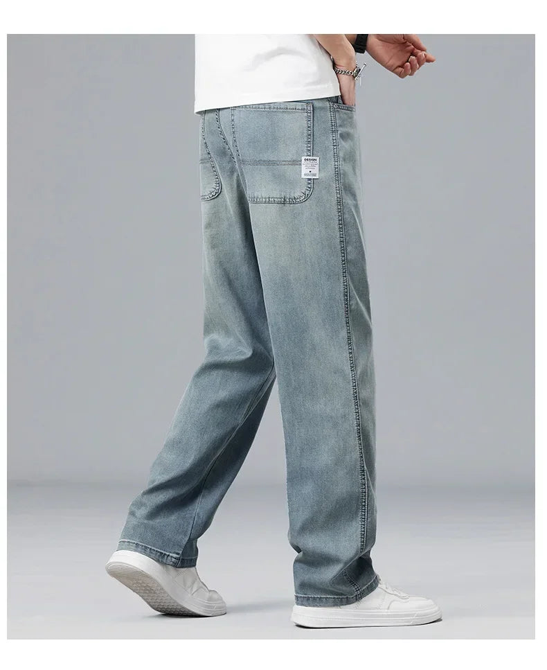 2026 New Summer Ultra-thin Lyocell Men's Jeans Drape Soft Fabric Loose Straight Casual Denim Pant Elastic Ice Silk Male Trousers