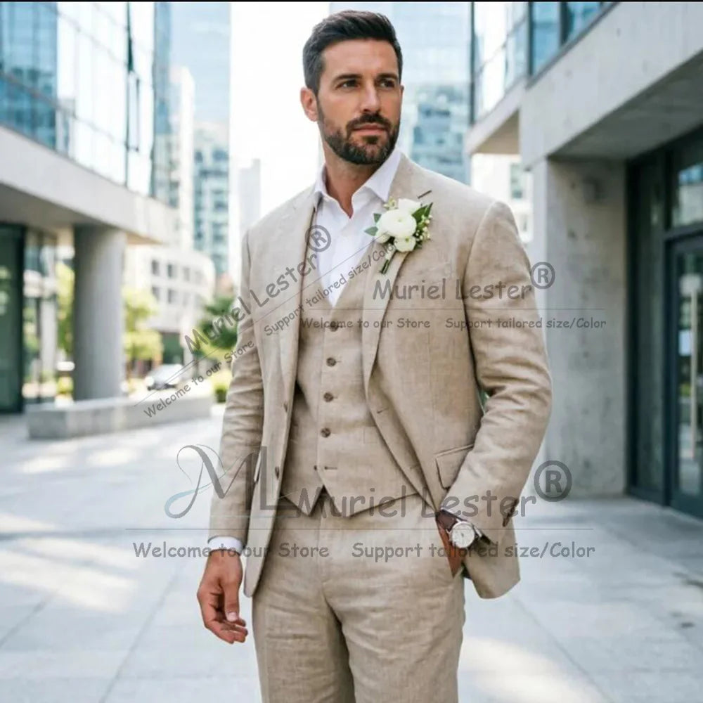 3 Pieces Linen Wedding Tuxedo Khaki Men Suits For Summer Slim Fit V Neck Vest Formal Suit With Flap Pockets For Party Occasion