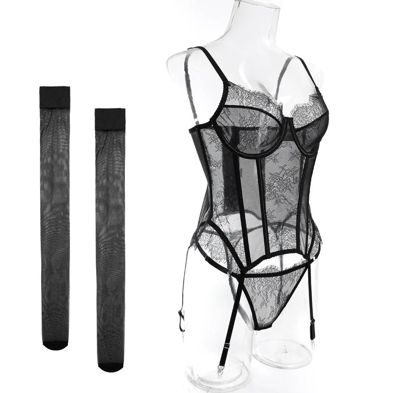 Willowy Women's Lingerie Sets Sexy Corset Lace Bra and Panty 2PCS with Stockings Sheer Outfits Sissy Girl's Intimate Underwear
