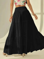 Summer Women White Tiered Maxi Skirt, High Waisted Elastic Waist Pleated Flowy Long Skirt