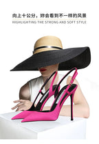 Rose red satin back tripe buckle sandals for women's new style slim heel and sexy European and American style single shoes
