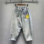 2025 Fashion Printed Ripped Distressed Streetwear Jeans Women's Summer New High-waisted Loose Straight-leg Versatile Harem Pants