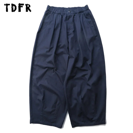 Solid Color Wide Leg Cargo Pants Mens Baggy Pleated Streetwear Elastic Waist Casual Loose Trousers Men