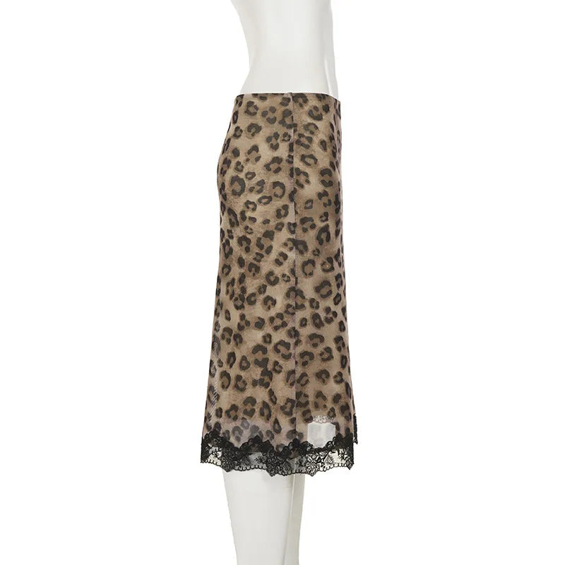 Talenza Summer Leopard Print Midi Skirts Sexy Women's Lace Patchwork Slim Skirts Fashion New Vintage Vacation Clubwear Y2K Skirt