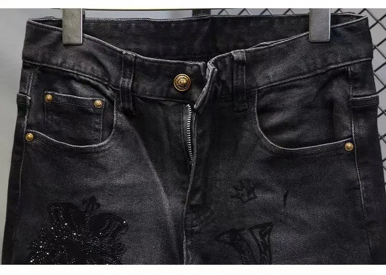 Hot-Stamped Rhinestone Men's Jeans, Trendy Brand, Stretchy Slim Fit, Embroidered and Printed Men's Trousers
