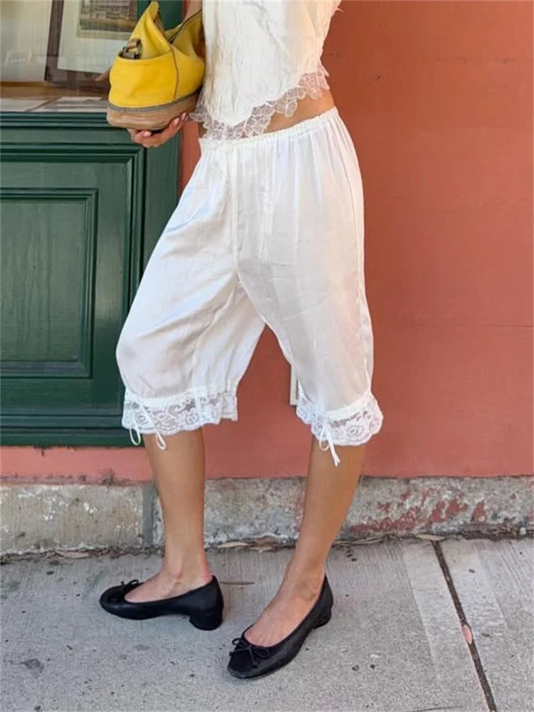 Tossy Y2K Satin Lace Capris Women Low Waist Bloomer Shorts Summer Vintage Coquette Aesthetic Bermuda Shorts Knee Length Pants