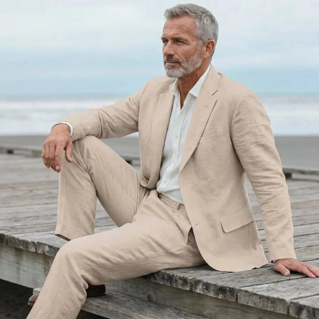 Men's linen casual men's beach party business suit two-piece wedding tailcoat set with split collar suit jacket and pants