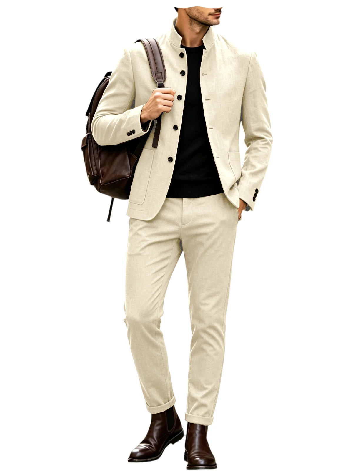 Men's Linen Stand Collar Suit 2-Piece Blazer & Pants Set Slim Fit Business Casual Tuxedo Jacket Trousers Formal Wedding Outfit