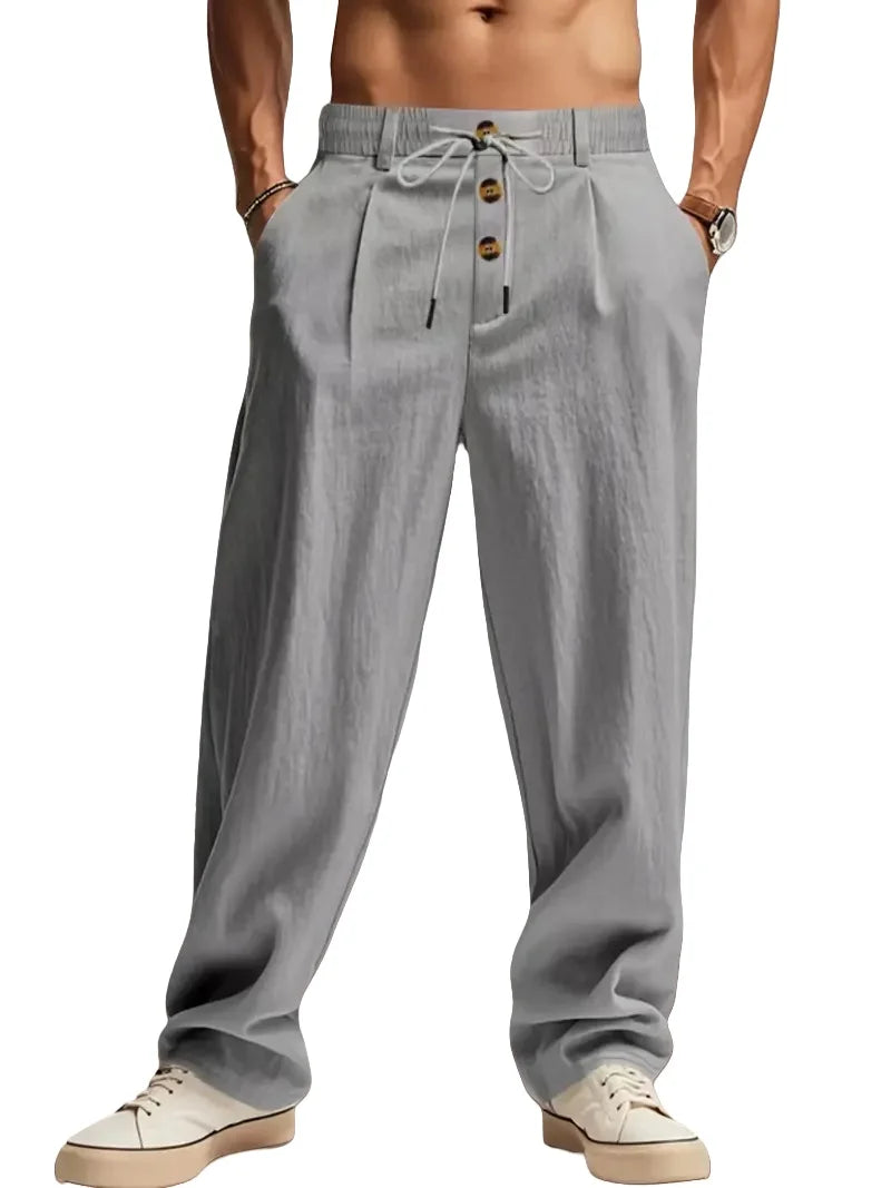 New Men's Cotton and Linen Casual Breathable Pants, Fashionable Street Sport Pants, Beach and Outdoor Loose Straight Pants