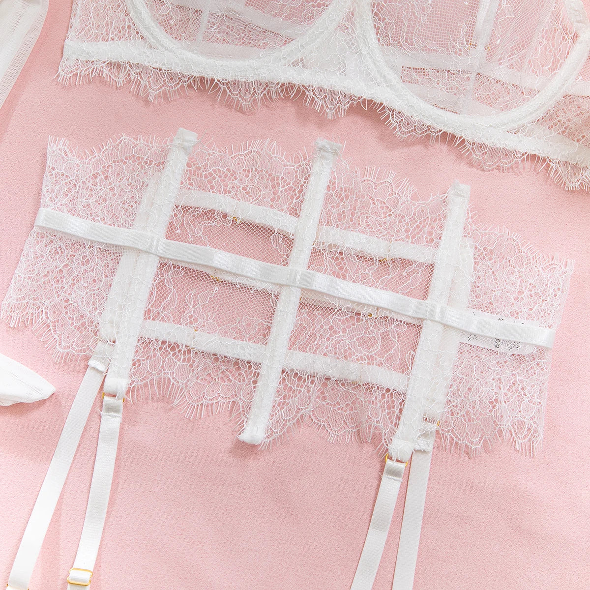 New Eyelash Lace 5-Piece Lingerie Set for Women with Underwire Bra Waistband  Garter Belt Leg Rings Gloves Sexy Comfortable