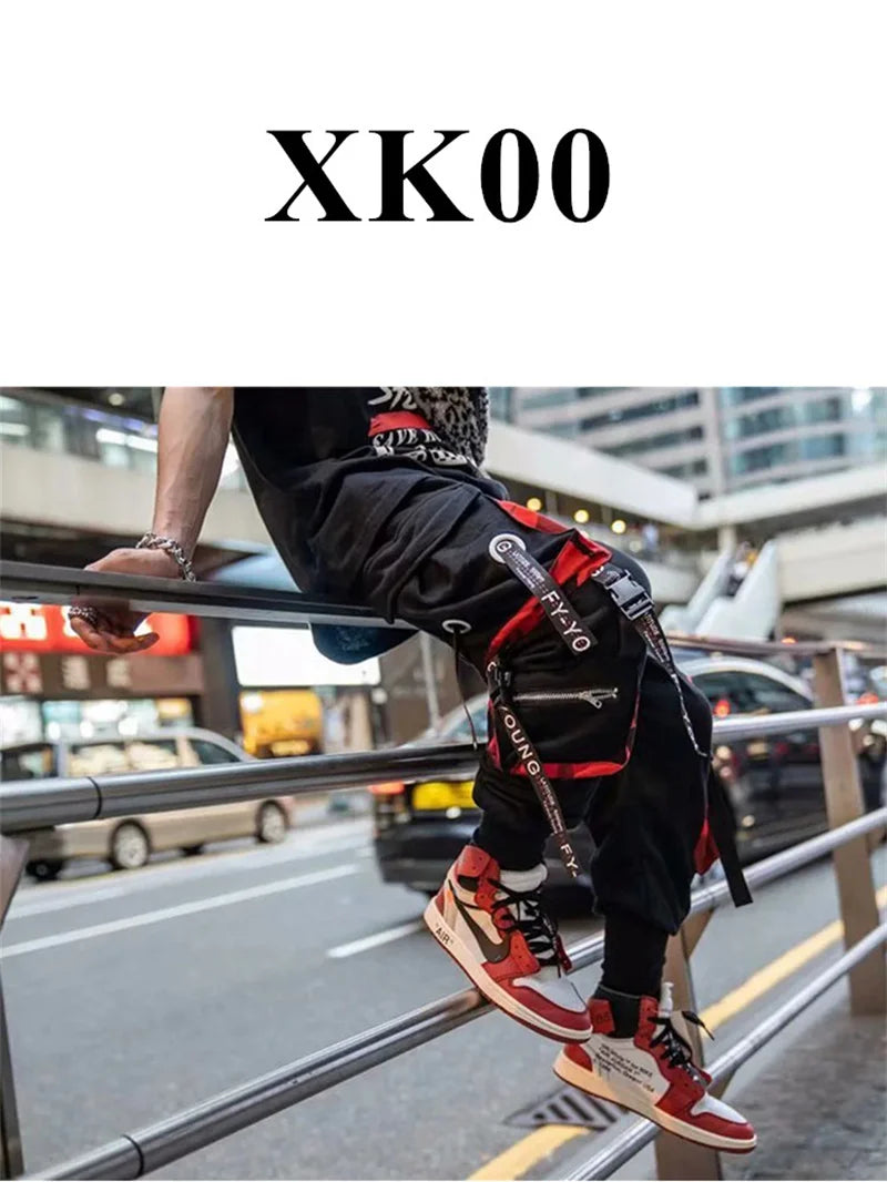 Y2K Joggers Cargo Pants For Men Casual Hip Hop Pocket Male Trousers Sweatpants Street Ribbons Techwear White Pant Pantalon Homme