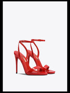 2026 new black patent leather rhinestone open toe sandals with slim heels and a straight ribbon for parties,high heels for women