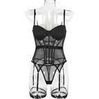 Mesh  Lingerie Luxury Brand Bodysuit Backless Tops for Women 3 Piece Lingerie Set with Garter Sexydresses for Women