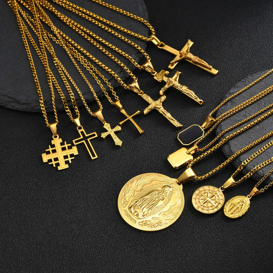 Men's Stylish Gold Color Necklace, Stainless Steel Geometric Cross Pendant Necklace, Vintage Fashion Jewelry Gift to Father