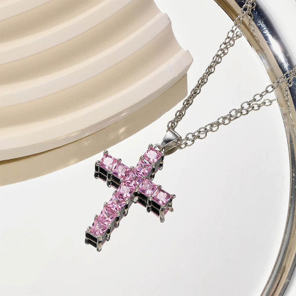 Fashion Crystal Cross Pendant for Women New Multi Color Shiny Romantic Exquisite Necklace Party Leisure Female Jewelry Gift 2024