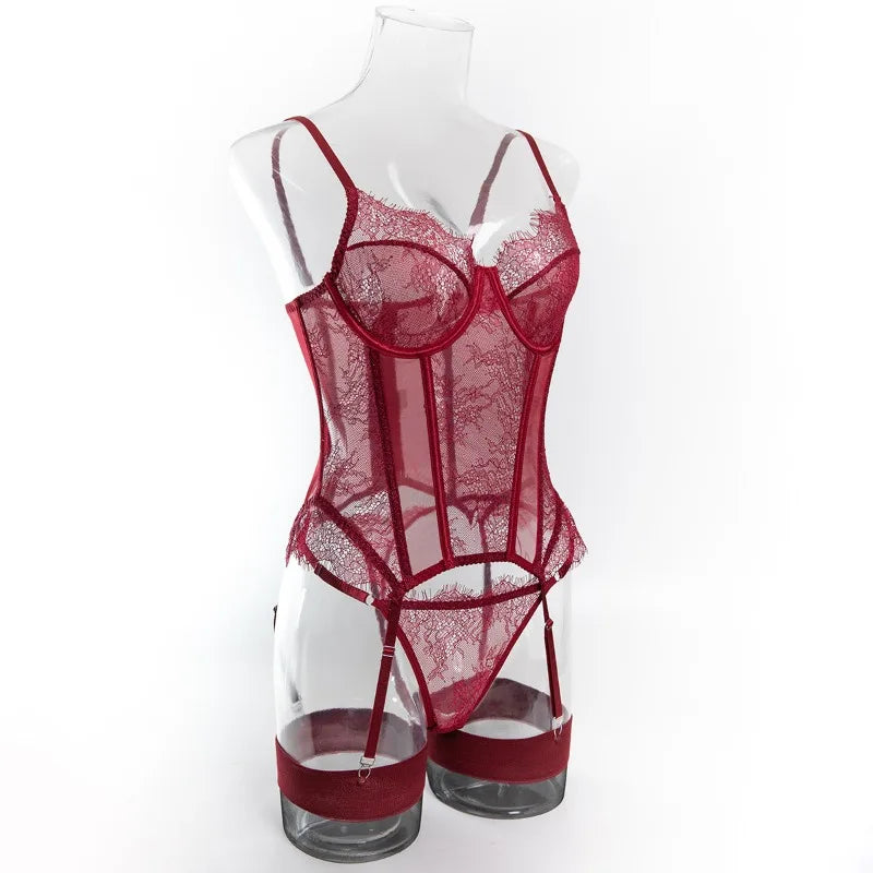 Willowy Women's Lingerie Sets Sexy Corset Lace Bra and Panty 2PCS with Stockings Sheer Outfits Sissy Girl's Intimate Underwear