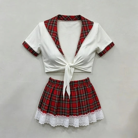 Schoolgirl Cosplay Lingerie Set, Red Plaid Tie Front Crop Top Lace Trim Mini Skirt Outfit