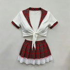 Schoolgirl Cosplay Lingerie Set, Red Plaid Tie Front Crop Top Lace Trim Mini Skirt Outfit