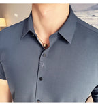 Men's White Business Casual Shirt, Fitted Striped Elastic Short-sleeved Shirt, Exquisite Embroidered Summer Formal Work Uniform.