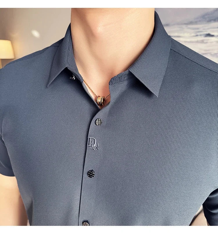 Men's White Business Casual Shirt, Fitted Striped Elastic Short-sleeved Shirt, Exquisite Embroidered Summer Formal Work Uniform.