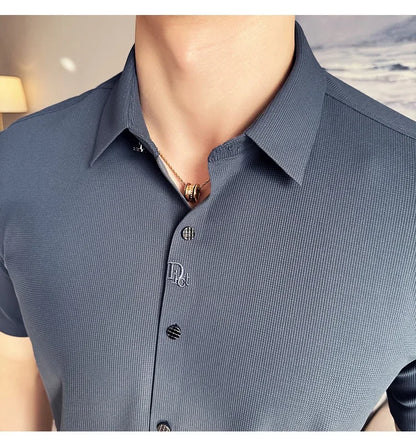 Men's White Business Casual Shirt, Fitted Striped Elastic Short-sleeved Shirt, Exquisite Embroidered Summer Formal Work Uniform.