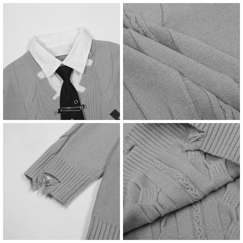 Harajuku False Two Shirt Sweaters Mens Necktie Damaged Ripped Dress Sweater Autumn Loose Casual Color Block Pullover Y2k