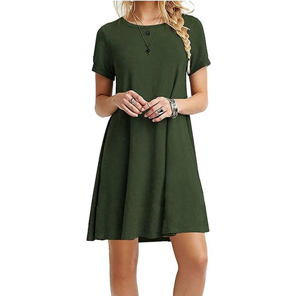Women Shirt Dress Summer O-Neck Short Sleeve Slim A-Line Beach Holiday Dresses YKD-nz056