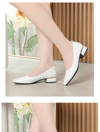 2026 Summer Women's Soft Leather Chunky Heel Pumps  Pointed Toe Low Heel Office Shoes White Work Dress Shoes Size 35-41