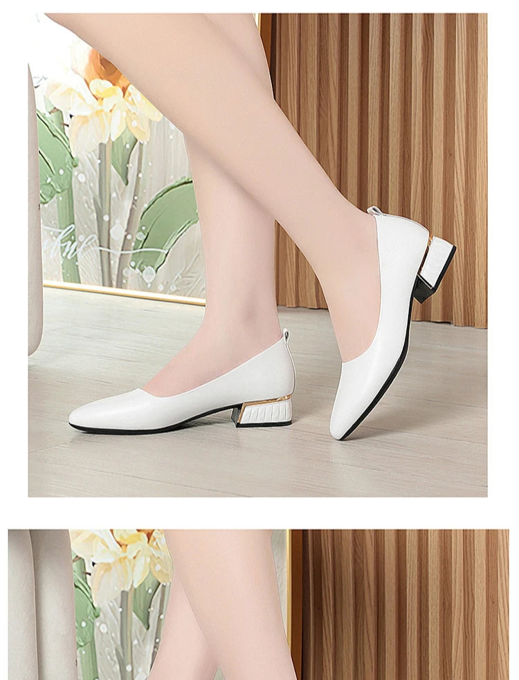2026 Summer Women's Soft Leather Chunky Heel Pumps  Pointed Toe Low Heel Office Shoes White Work Dress Shoes Size 35-41