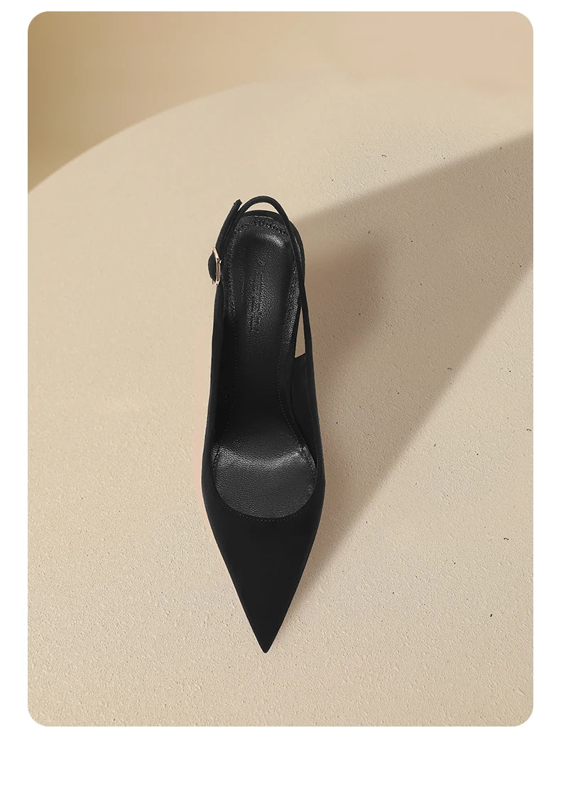 New Baotou fine heeled sandals for women, black with a buckle strap and a back strap, fashionable suede high heels