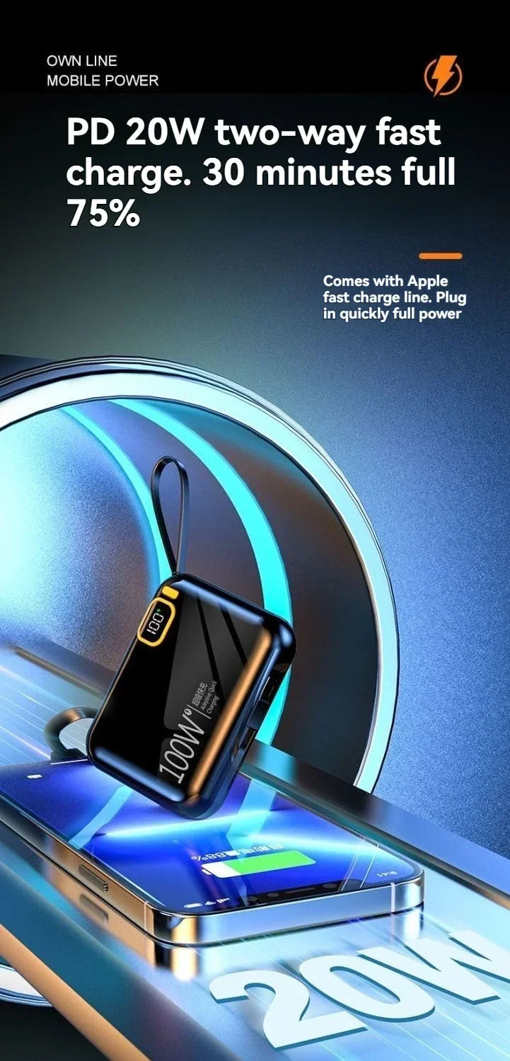 Portable Mini Power Bank, 66W, 20000mAh, Built-in Cable, PD20, Super Fast Charging, Compact, New