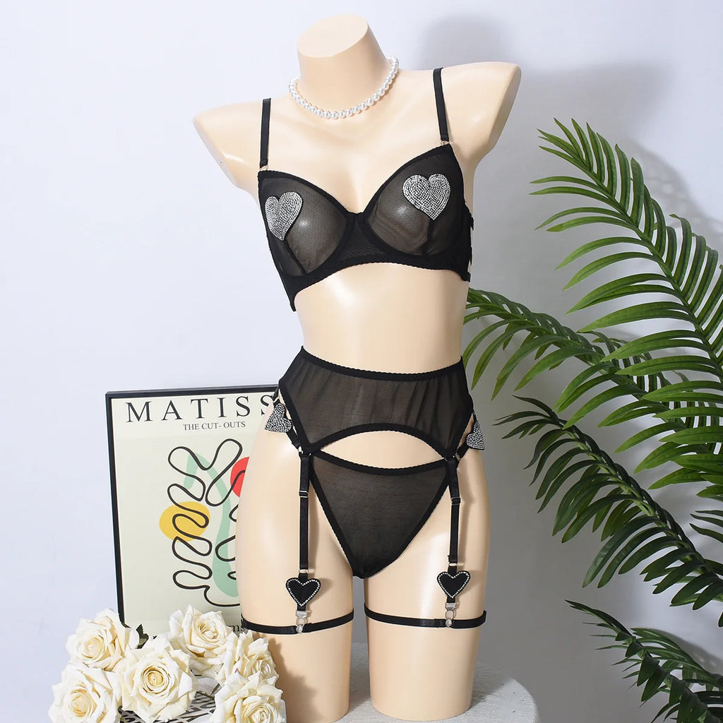 Ellolace Daring Women's Lingerie Sets Fancy Sexy Bra Belt Thong 3PC with Leg Circles Romantic Heart Rhinestone Women Underwear
