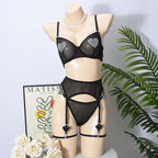 Ellolace Daring Women's Lingerie Sets Fancy Sexy Bra Belt Thong 3PC with Leg Circles Romantic Heart Rhinestone Women Underwear