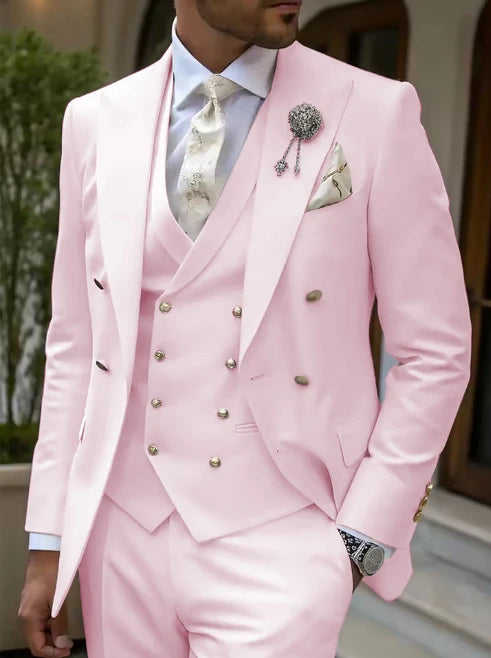 Men's 3-Piece Tuxedo Suit Set High-Quality GoldenButton Blazer Vest And Pants Wedding Business Gentleman's Suit