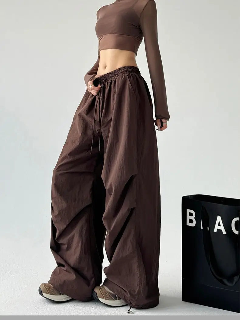 Y2k Hiking Straight Wide Pants Men Streetwear Cargo Paratrooper Pants Casual Brown Quick Dry Pocket Summer Travel Sport Trousers