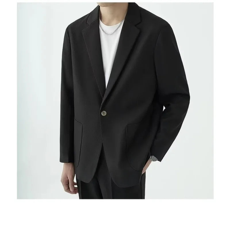 KIDWHXR Men 2-piece Outfit Loose Single-breasted Blazer Male Straight-leg Pant Man Korean Simple Solid Business Casual Suit Set