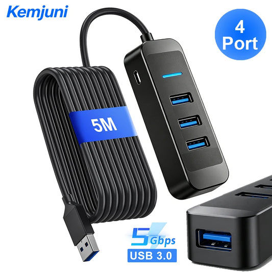USB 3.0 Hub 4 Ports 5M Extension Cable Multi Port USB Hub Adapter High Speed Data Transfer for Laptop PC Computer Notebook