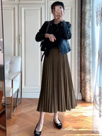 2026 Elegant High Waist Pleated Skirt for Women Mid-long Midi Skirt Female High Quality Black Saia