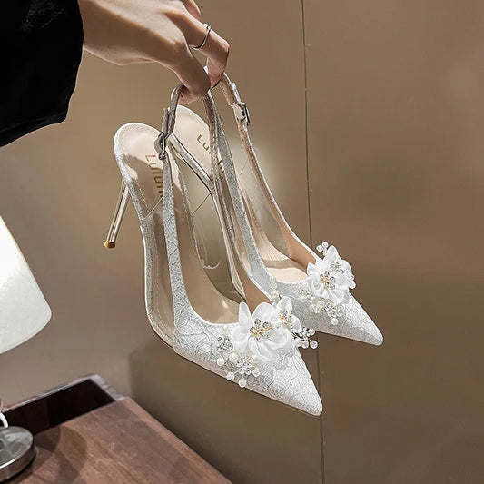 French Bride Gold Wedding Shoes spring women Thin Heel Pointed Shallow Mouth Flower Rhinodrill High Heels  Fashion Sandals